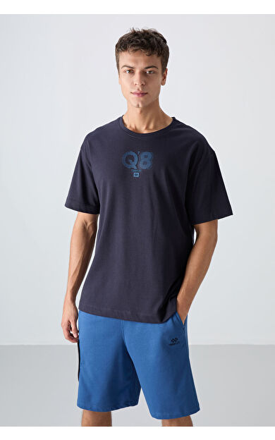 TommyLife Lacivert Pamuklu Kalın Yumuşak Dokulu Oversize Fit Baskılı Erkek T-Shirt - 88333