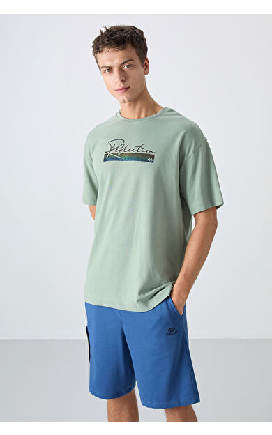 TommyLife Açık Yeşil Pamuklu Kalın Yumuşak Dokulu Oversize Fit Baskılı Erkek T-Shirt - 88334