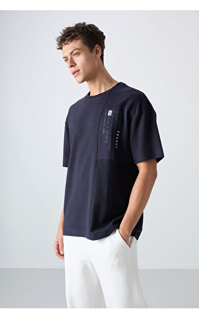 TommyLife Lacivert Pamuklu Kalın Yüzeyi Dokulu Oversize Fit Baskılı Erkek T-Shirt - 88338