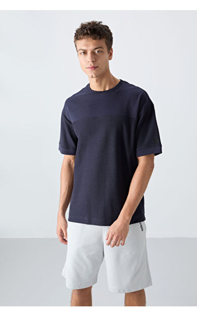 TommyLife Lacivert Pamuklu Kalın Yüzeyi Dokulu Oversize Fit Basic Erkek T-Shirt - 88340