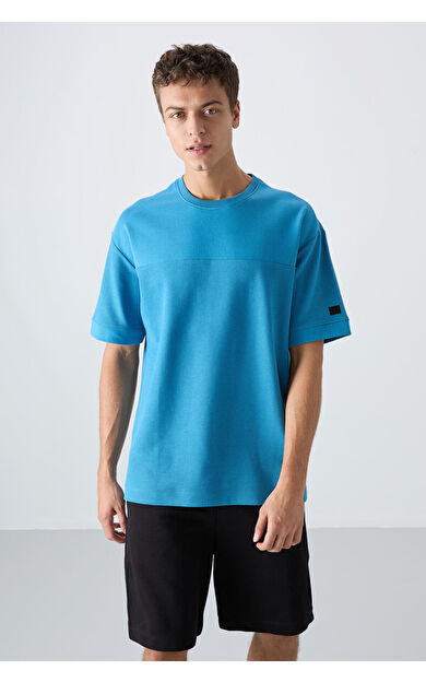 TommyLife Petrol Mavi Pamuklu Kalın Yüzeyi Dokulu Oversize Fit Basic Erkek T-Shirt - 88340