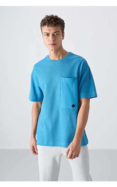 TommyLife Petrol Mavi Pamuklu Kalın Yüzeyi Dokulu Oversize Fit Basic Erkek T-Shirt - 88341