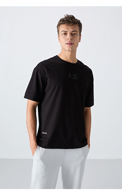 TommyLife Siyah Pamuklu Kalın Yumuşak Dokulu Oversize Fit Baskılı Erkek T-Shirt - 88342