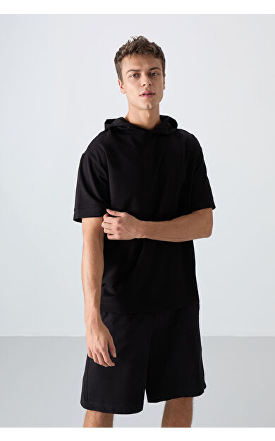 TommyLife Siyah Pamuklu Kalın Yumuşak Dokulu Oversize Fit Basic Erkek T-Shirt - 88352