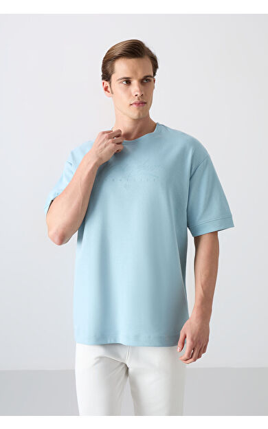 TommyLife Açık Mavi Pamuklu Kalın Yumuşak Dokulu Oversize Fit Baskılı Erkek T-Shirt - 88320