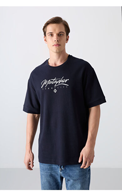 TommyLife Lacivert Pamuklu Kalın Yumuşak Dokulu Oversize Fit Baskılı Erkek T-Shirt - 88320