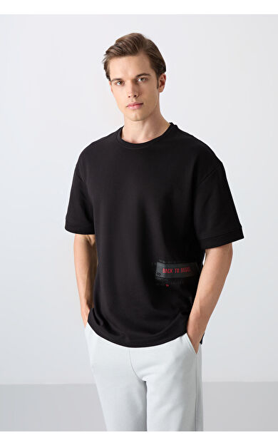 TommyLife Siyah Pamuklu Kalın Yumuşak Dokulu Oversize Fit Baskılı Erkek T-Shirt - 88322