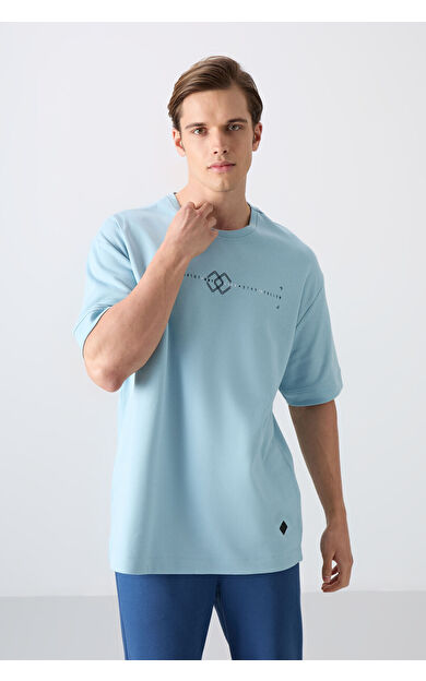 TommyLife Açık Mavi Pamuklu Kalın Yumuşak Dokulu Oversize Fit Baskılı Erkek T-Shirt - 88323