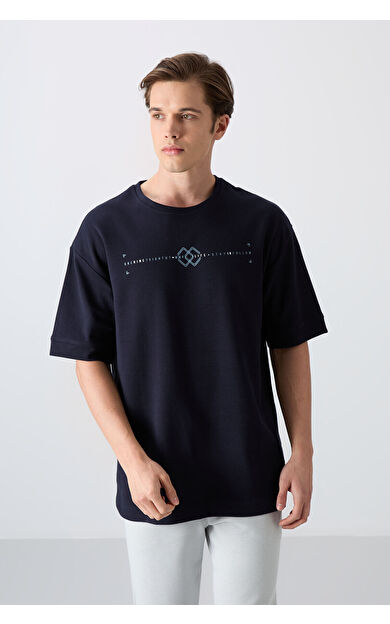 TommyLife Lacivert Pamuklu Kalın Yumuşak Dokulu Oversize Fit Baskılı Erkek T-Shirt - 88323