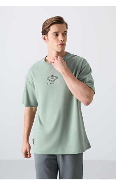 TommyLife Açık Yeşil Pamuklu Kalın Yumuşak Dokulu Oversize Fit Baskılı Erkek T-Shirt - 88325