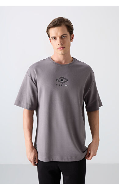 TommyLife Koyu Gri Pamuklu Kalın Yumuşak Dokulu Oversize Fit Baskılı Erkek T-Shirt - 88325