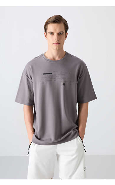 TommyLife Koyu Gri Pamuklu Kalın Yumuşak Dokulu Oversize Fit Baskılı Erkek T-Shirt - 88326