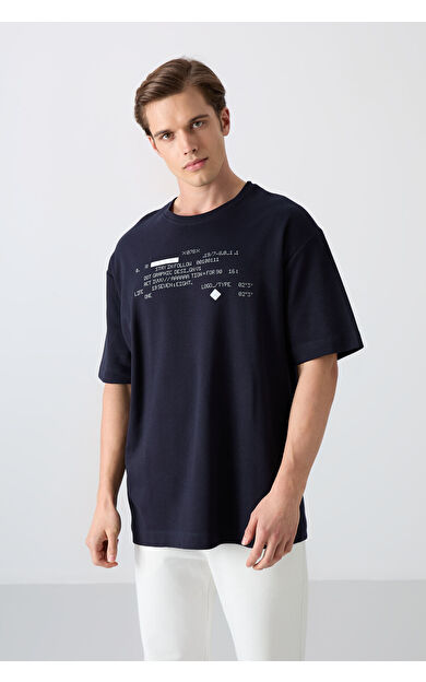 TommyLife Lacivert Pamuklu Kalın Yumuşak Dokulu Oversize Fit Baskılı Erkek T-Shirt - 88326