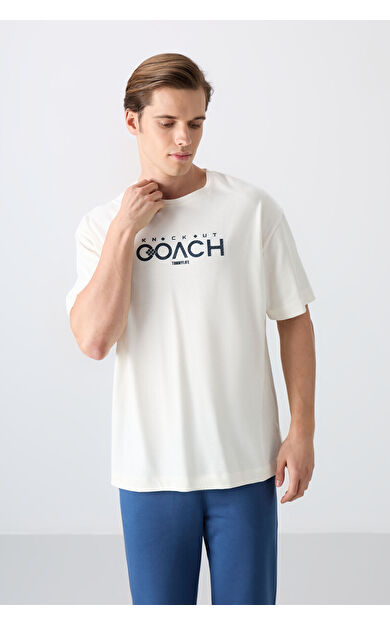 TommyLife Ekru Pamuklu Kalın Yumuşak Dokulu Oversize Fit Baskılı Erkek T-Shirt - 88329