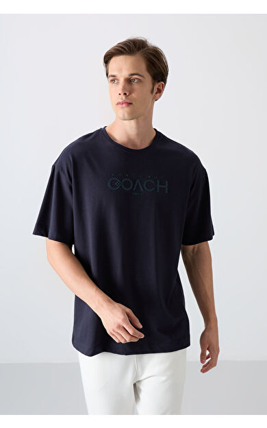 TommyLife Lacivert Pamuklu Kalın Yumuşak Dokulu Oversize Fit Baskılı Erkek T-Shirt - 88329