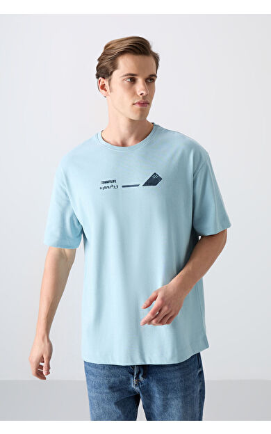 TommyLife Açık Mavi Pamuklu Kalın Yumuşak Dokulu Oversize Fit Baskılı Erkek T-Shirt - 88330
