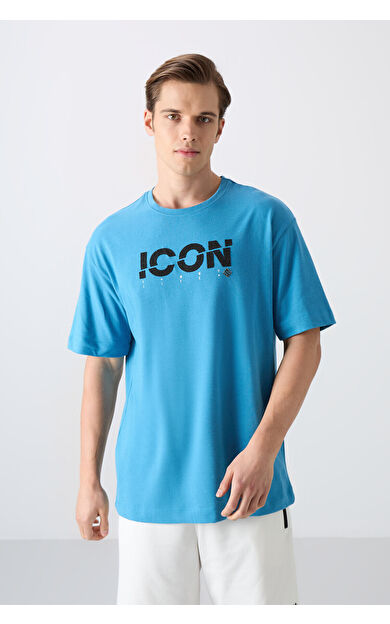 TommyLife Petrol Mavi Pamuklu Kalın Yumuşak Dokulu Oversize Fit Baskılı Erkek T-Shirt - 88331