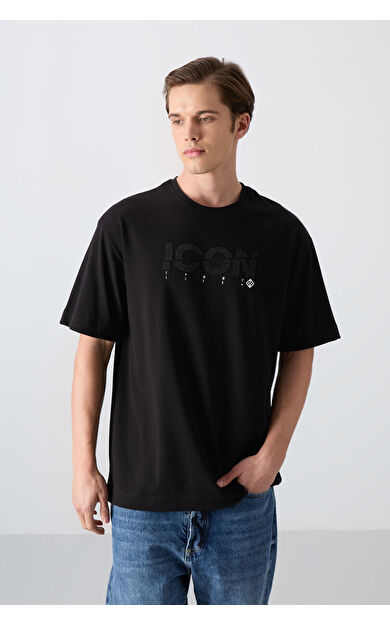 TommyLife Siyah Pamuklu Kalın Yumuşak Dokulu Oversize Fit Baskılı Erkek T-Shirt - 88331