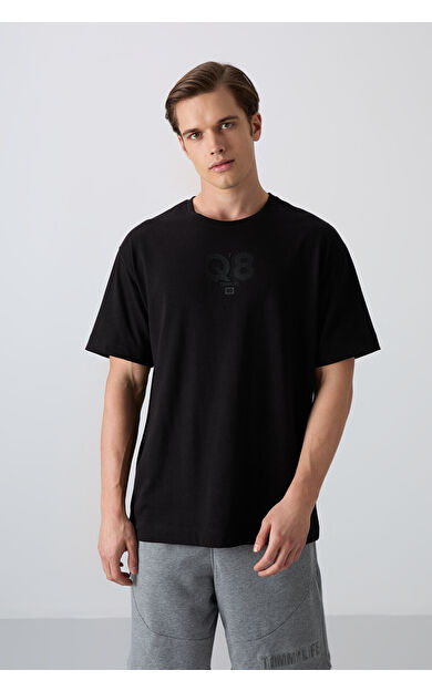 TommyLife Siyah Pamuklu Kalın Yumuşak Dokulu Oversize Fit Baskılı Erkek T-Shirt - 88333