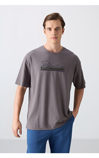 TommyLife Koyu Gri Pamuklu Kalın Yumuşak Dokulu Oversize Fit Baskılı Erkek T-Shirt - 88334