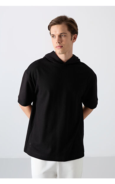 TommyLife Siyah Pamuklu Kalın Yüzeyi Dokulu Oversize Fit Basic Erkek T-Shirt - 88335