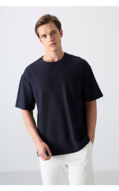 TommyLife Lacivert Pamuklu Kalın Yüzeyi Dokulu Oversize Fit Baskılı Erkek T-Shirt - 88336