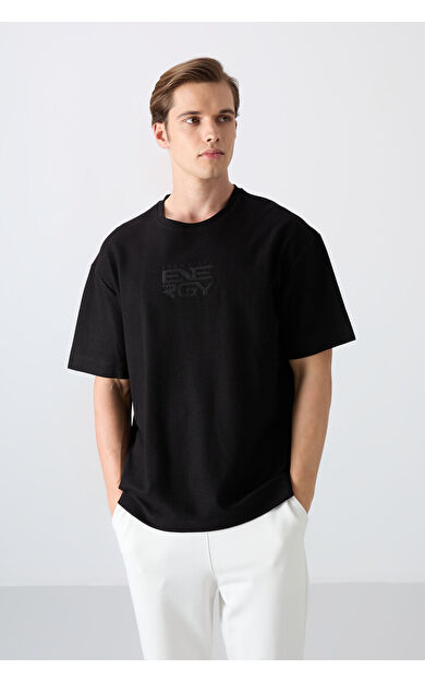 TommyLife Siyah Pamuklu Kalın Yüzeyi Dokulu Oversize Fit Baskılı Erkek T-Shirt - 88336