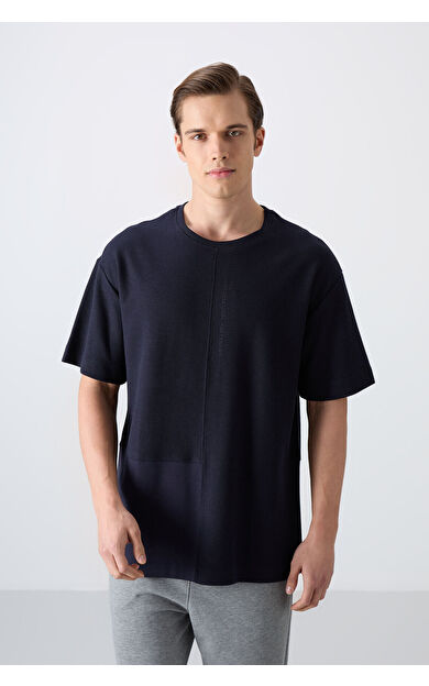 TommyLife Lacivert Pamuklu Kalın Yüzeyi Dokulu Oversize Fit Basic Erkek T-Shirt - 88337