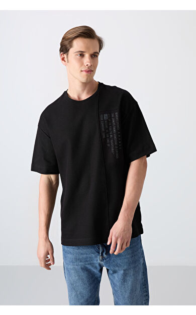 TommyLife Siyah Pamuklu Kalın Yüzeyi Dokulu Oversize Fit Baskılı Erkek T-Shirt - 88338