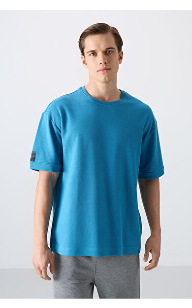 TommyLife Petrol Mavi Pamuklu Kalın Yüzeyi Dokulu Oversize Fit Basic Erkek T-Shirt - 88339