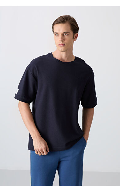 TommyLife Lacivert Pamuklu Kalın Yüzeyi Dokulu Oversize Fit Basic Erkek T-Shirt - 88339