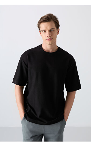 TommyLife Siyah Pamuklu Kalın Yüzeyi Dokulu Oversize Fit Basic Erkek T-Shirt - 88340
