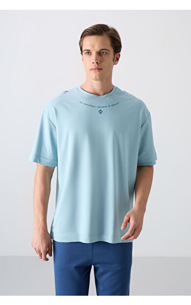 TommyLife Açık Mavi Pamuklu Kalın Yumuşak Dokulu Oversize Fit Baskılı Erkek T-Shirt - 88343