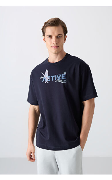 TommyLife Lacivert Pamuklu Kalın Yumuşak Dokulu Oversize Fit Baskılı Erkek T-Shirt - 88344