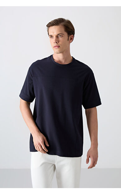 TommyLife Lacivert Pamuklu Kalın Yumuşak Dokulu Oversize Fit Basic Erkek T-Shirt - 88349
