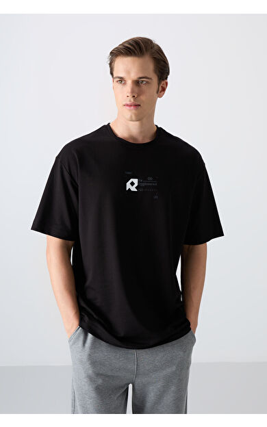 TommyLife Siyah Pamuklu Kalın Yumuşak Dokulu Oversize Fit Baskılı Erkek T-Shirt - 88350