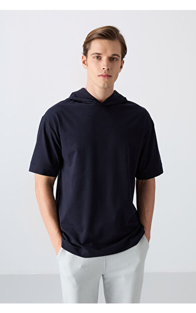 TommyLife Lacivert Pamuklu Kalın Yumuşak Dokulu Oversize Fit Basic Erkek T-Shirt - 88352