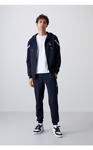 TommyLife İndigo Pamuklu Kalın Yumuşak Dokulu Comfort Fit Baskılı Erkek Eşofman Takım - 85236