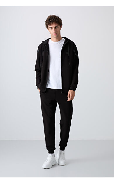 TommyLife Siyah Pamuklu Kalın Yumuşak Dokulu Comfort Fit Baskılı Erkek Eşofman Takım - 85236