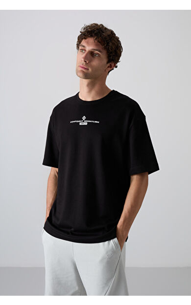 TommyLife Siyah - Beyaz Pamuklu Kalın Yumuşak Dokulu Oversize Fit Baskılı Erkek T-Shirt - 88321