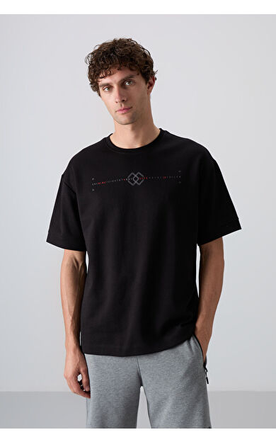 TommyLife Siyah Pamuklu Kalın Yumuşak Dokulu Oversize Fit Baskılı Erkek T-Shirt - 88323