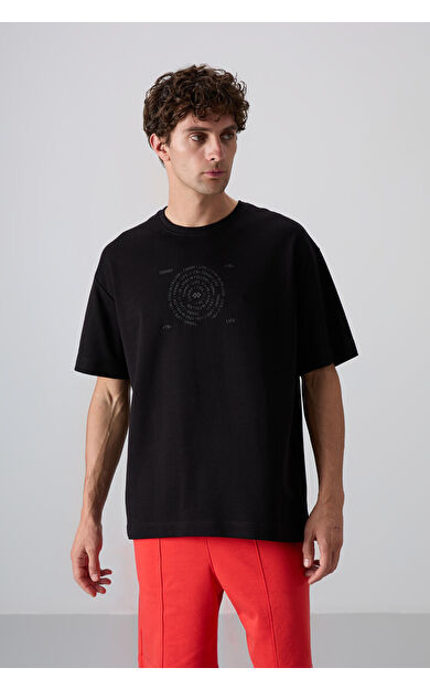 TommyLife Siyah Pamuklu Kalın Yumuşak Dokulu Oversize Fit Baskılı Erkek T-Shirt - 88324