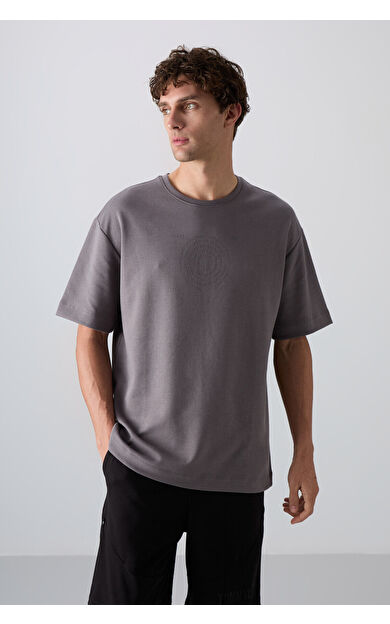 TommyLife Koyu Gri Pamuklu Kalın Yumuşak Dokulu Oversize Fit Baskılı Erkek T-Shirt - 88324