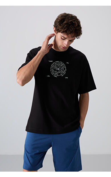 TommyLife Siyah - Beyaz Pamuklu Kalın Yumuşak Dokulu Oversize Fit Baskılı Erkek T-Shirt - 88324