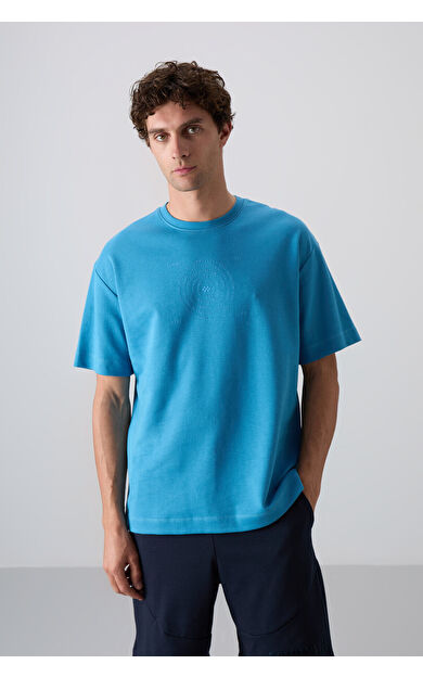 TommyLife Petrol Mavi Pamuklu Kalın Yumuşak Dokulu Oversize Fit Baskılı Erkek T-Shirt - 88324