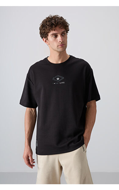 TommyLife Siyah Pamuklu Kalın Yumuşak Dokulu Oversize Fit Baskılı Erkek T-Shirt - 88325