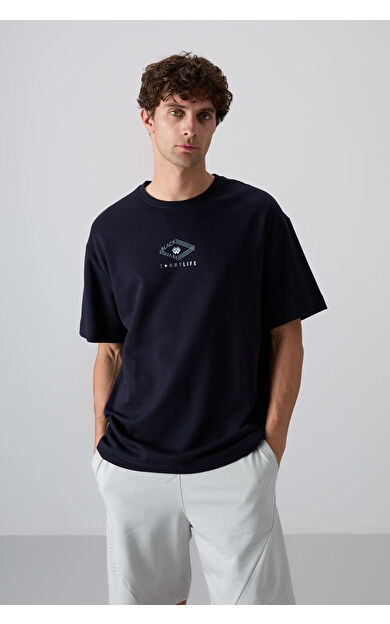 TommyLife Lacivert Pamuklu Kalın Yumuşak Dokulu Oversize Fit Baskılı Erkek T-Shirt - 88325