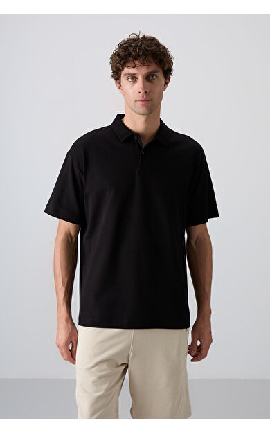 TommyLife Siyah Pamuklu Kalın Yumuşak Dokulu Oversize Fit Basic Polo Yaka Erkek T-Shirt - 88327