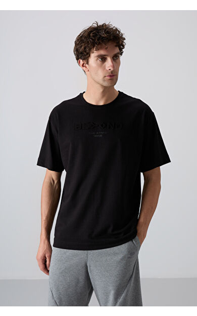 TommyLife Siyah Pamuklu Kalın Yumuşak Dokulu Oversize Fit Baskılı Erkek T-Shirt - 88328