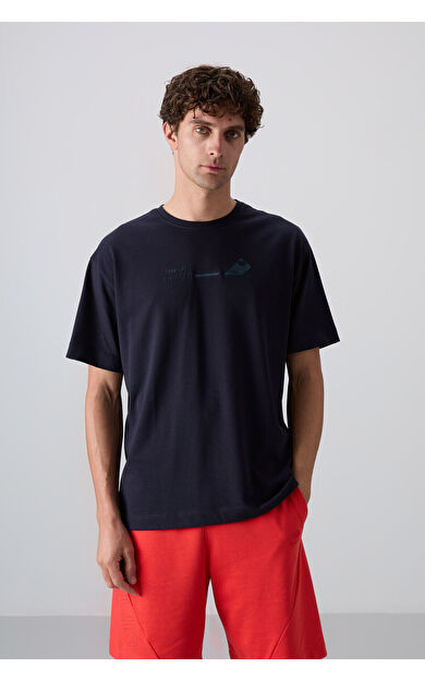 TommyLife Lacivert Pamuklu Kalın Yumuşak Dokulu Oversize Fit Baskılı Erkek T-Shirt - 88330